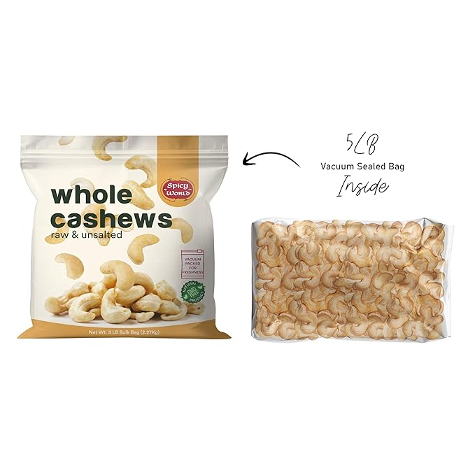 Spicy World Raw Cashews 5 LB (80oz) Bulk - Non-GMO, Gluten Free, Peanut Free, No Additives