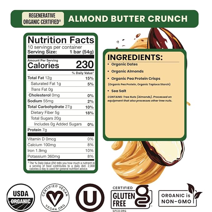 Bearded Brothers, Organic Vegan Protein Energy Bars, Almond Butter Crunch (10 Pack) - Gluten Free