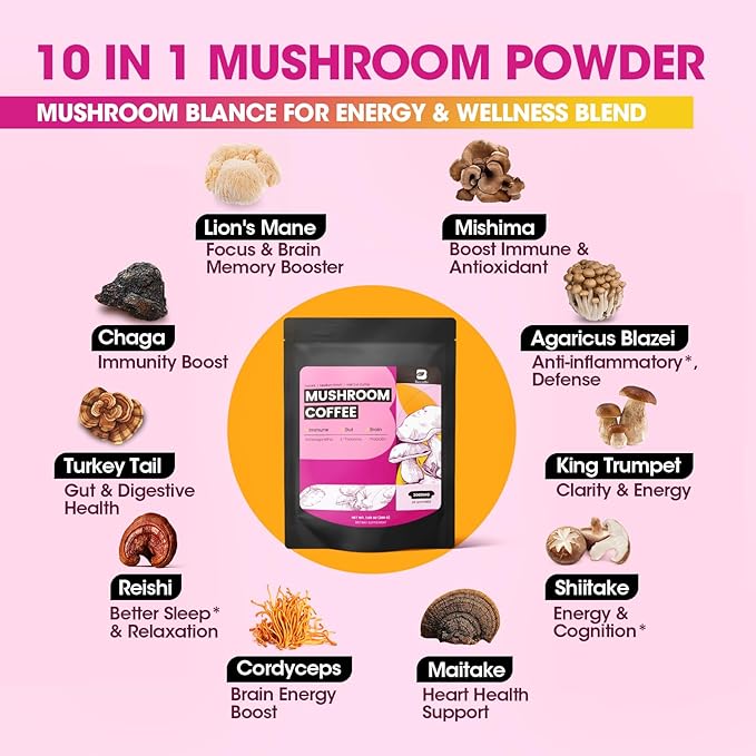 B BEWORTHS Mushroom Coffee, Slim Mushrooms Coffee Powder with Ashwagandha, Prebiotics, L-theanine