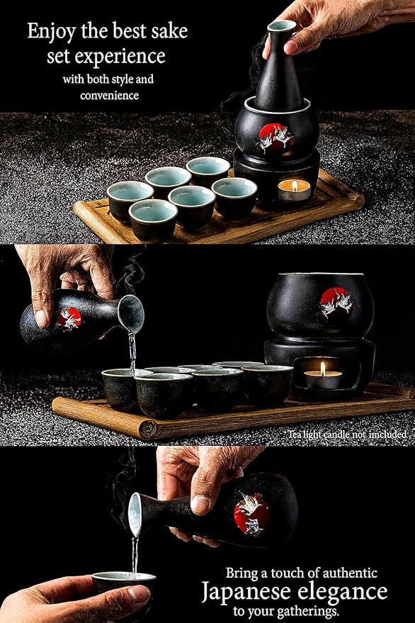 Japanese Sake Cup Set with 6 Ceramic Cups, 1 Ceramic Sake Bottle, 1 Ceramic Sake Warmer, Bamboo