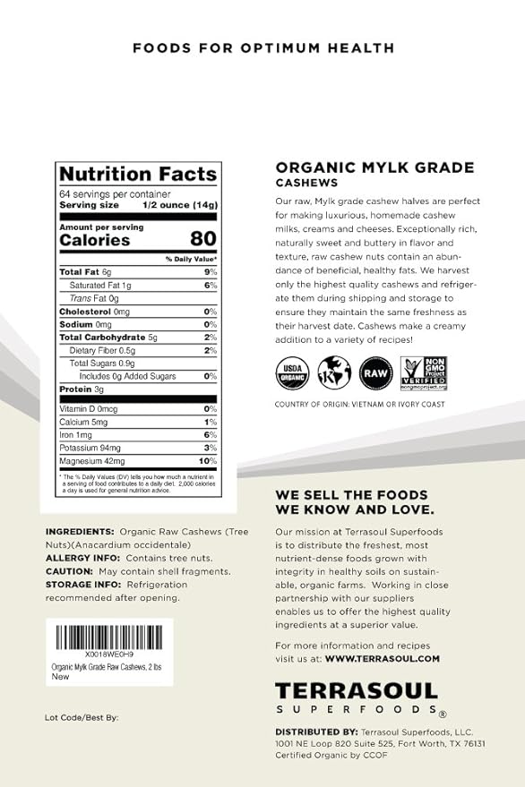 Terrasoul Superfoods Organic Raw Cashews (Mylk Grade), 2 Lbs, Premium Quality for Snacking