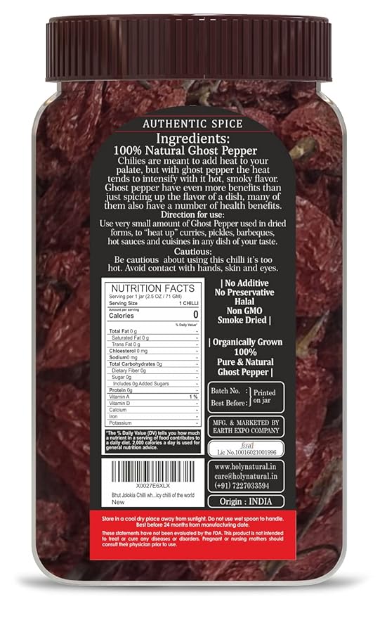 Ghost Pepper Chili Whole (Bhut Jolokia Chili/Ghost Pepper Pod) ??2.5 oz/71 gm, 100% Pure, Smoked