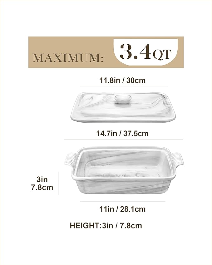 MALACASA Casserole Dish With Lid, 3.4 Quart Baking Dish With Lid, Lasagna Pan Deep Ceramic Bakeware