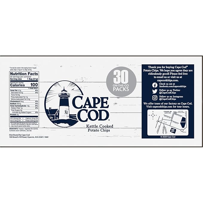 Cape Cod Potato Chips, Original Less Fat Kettle Cooked Chips, Snack Bags, Reduced Fat Original