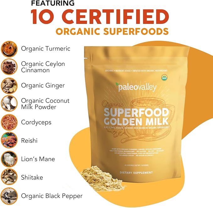 Paleovalley Organic Superfood Golden Milk - Immune, Focus, Cognitive, Longevity - Turmeric
