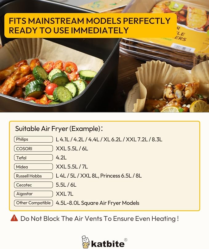Katbite Air Fryer Liners Disposable - 8 inch Square Non-Stick Airfryer Paper Liners, Unbleached