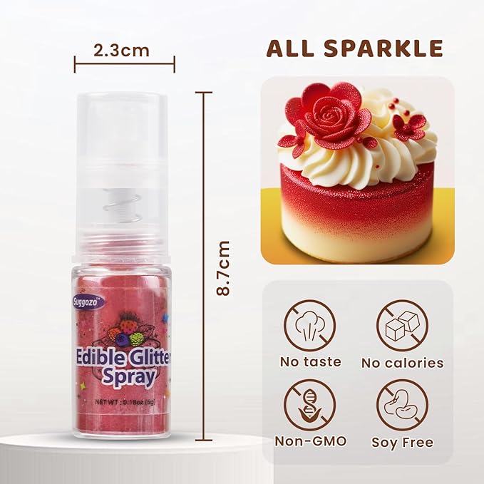 Edible Red Glitter Spray, 5g Shimmer Edible Glitter for Cocktails, Drinks, Cake Decorating, Edible