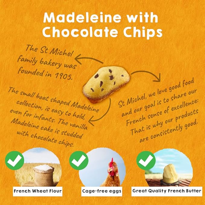 St Michel Chocolate Chip Madeleines French Sponge Cakes Made In France, Pack of 2 (250g each)