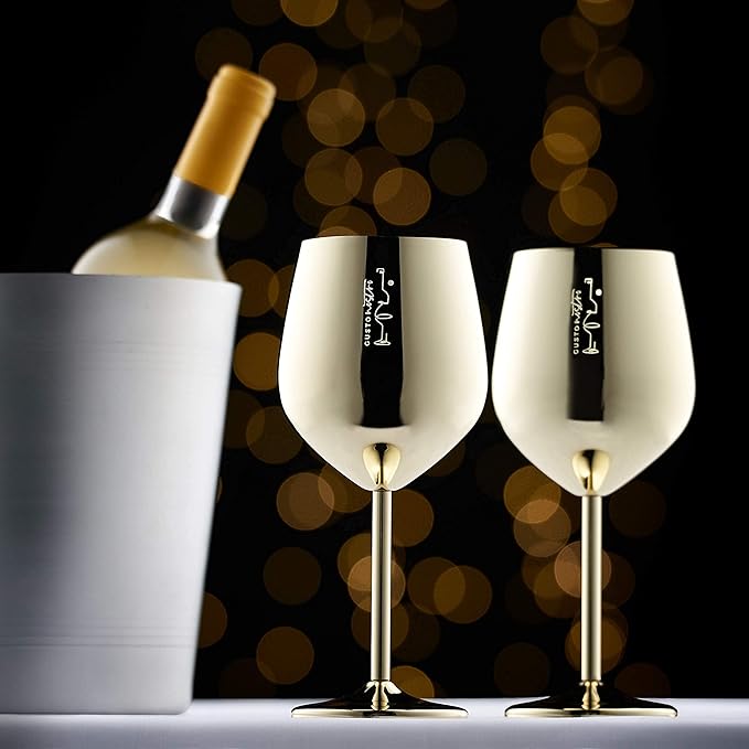Gusto Nostro Stainless Steel Wine Glass - 18 oz Unbreakable Gold Wine Glasses for Travel, Camping