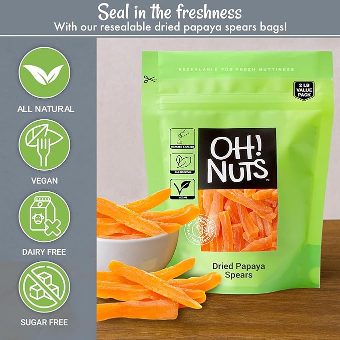 Oh! Nuts Dried Papaya Spears - 2 lb - Dried Fruit Spears - Less Sugar Added - Dehydrated Fruit