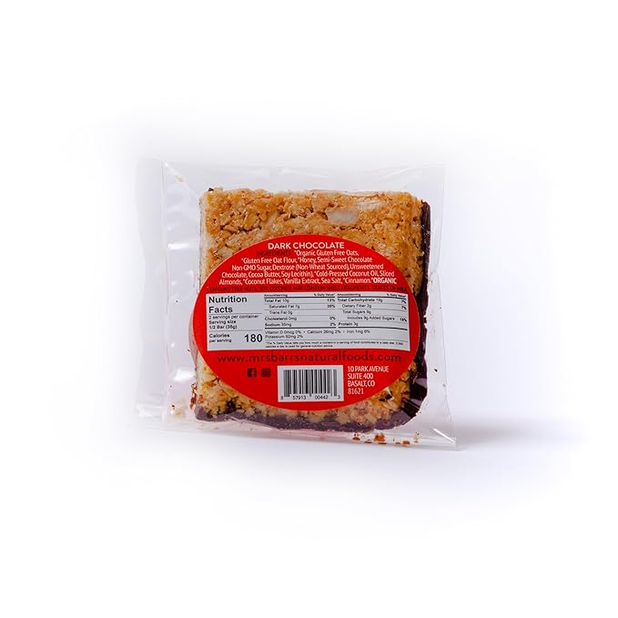 Mrs. Barr’s Natural Foods Granola Bars | Dark Chocolate | Certified Organic Gluten Free Oats | Soft