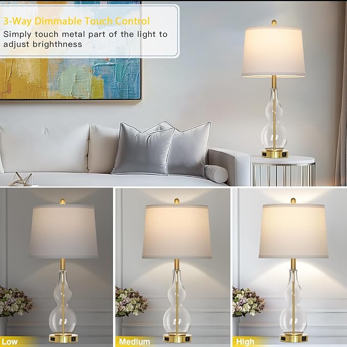 27.5" Clear Glass Table Lamp Set of 2,3-Way Dimmable Touch Control Bedside Lamps with USB Ports and