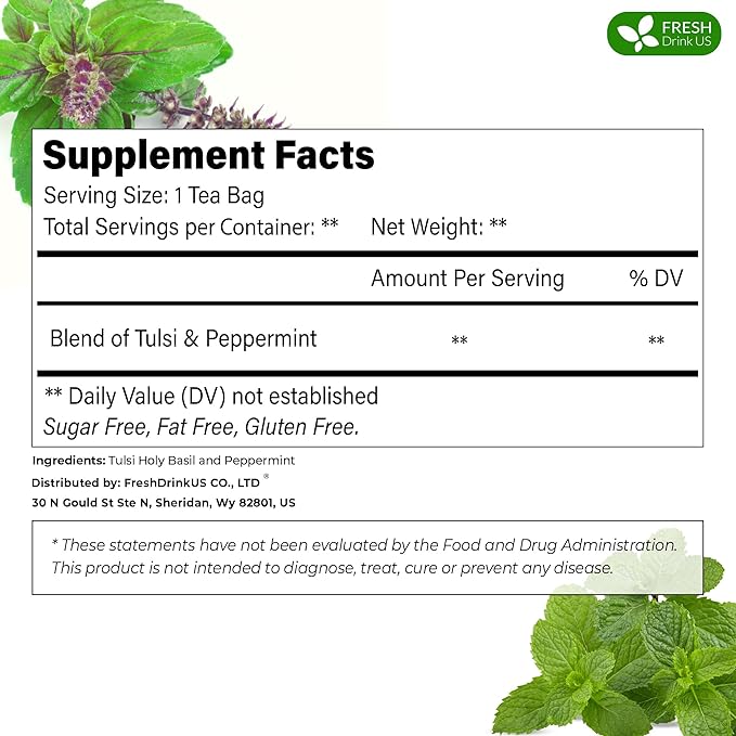FreshDrinkUS, Premium Tulsi Peppermint Herbal Tea ??55 Tea Bags, 100% Natural, Blend of Tulsi Holy