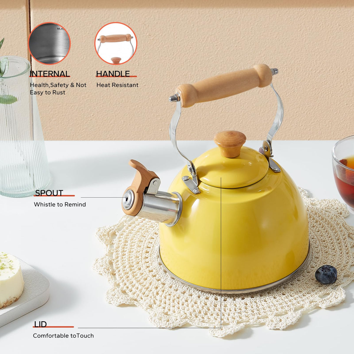 ROCKURWOK Tea Kettle, Tea Pot with Cool Touch Ergonomic Handle, Teapot Food Grade Stainless Steel
