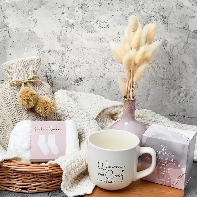 Women Gift Set -Hot Water Bottle, Hot Chocolate Mix, Mini Marshmallows, Mug, Socks, Crushed Candy