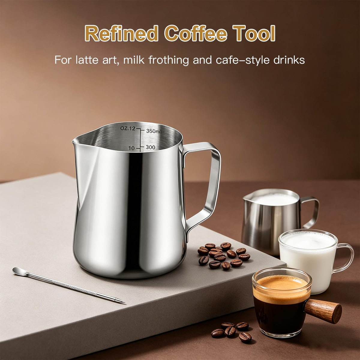 Milk Frothing Pitcher, 12oz Milk Frother Cup with Scale, 304 Stainless Steel Cappuccino Espresso