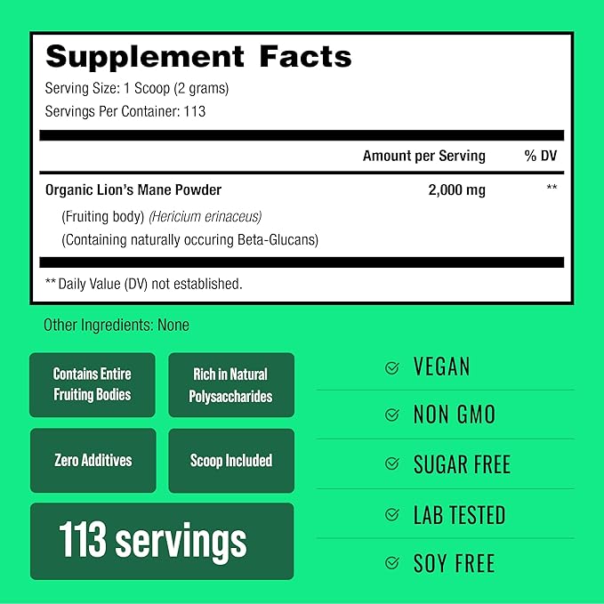 NutraChamps Organic Lions Mane Powder - 2000mg Powerful Nootropic for Memory, Focus, Immune Support