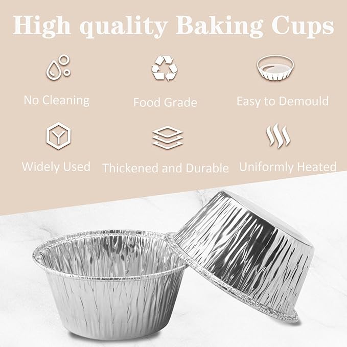 Aluminum Foil Baking Cups 150 Pcs, VIHOYOM 3 Oz Disposable Ramekin Aluminum Cupcake liners, Silver