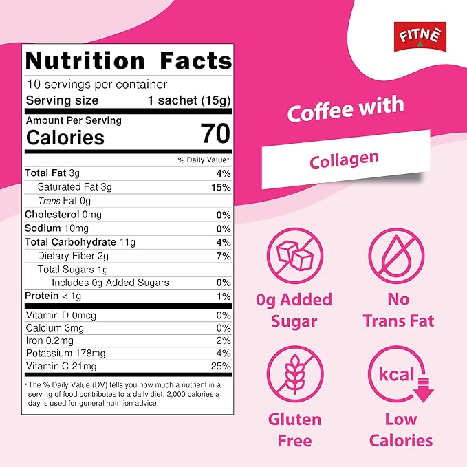 FITNE Instant 3 In 1 Coffee Packets Mix With Natural Hydrolyzed Collagen Vitamin C Smooth Blend