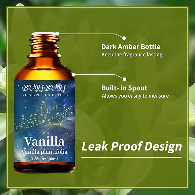BURIBURI 100ML Vanilla Essential Oil, 100% Pure Undiluted Aromatherapy Vanilla Oil 3.38fl.oz for