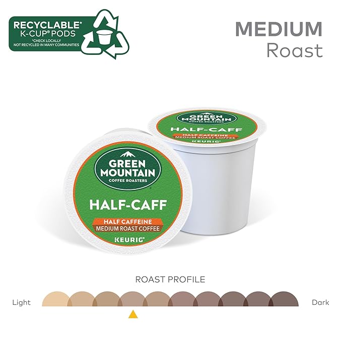 Green Mountain Coffee Roasters Half Caff, Single-Serve Keurig K-Cup Pods, Medium Roast Coffee Pods