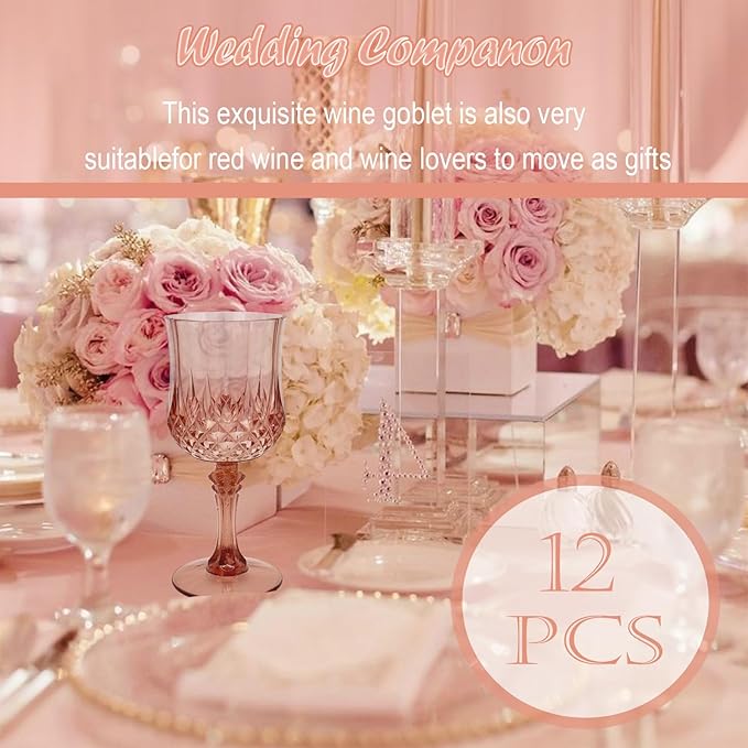 12 PCS Rose Gold Plastic Wine Glasses，Cordial Glasses，Goblets，Can be Used for Weddings, Everyday