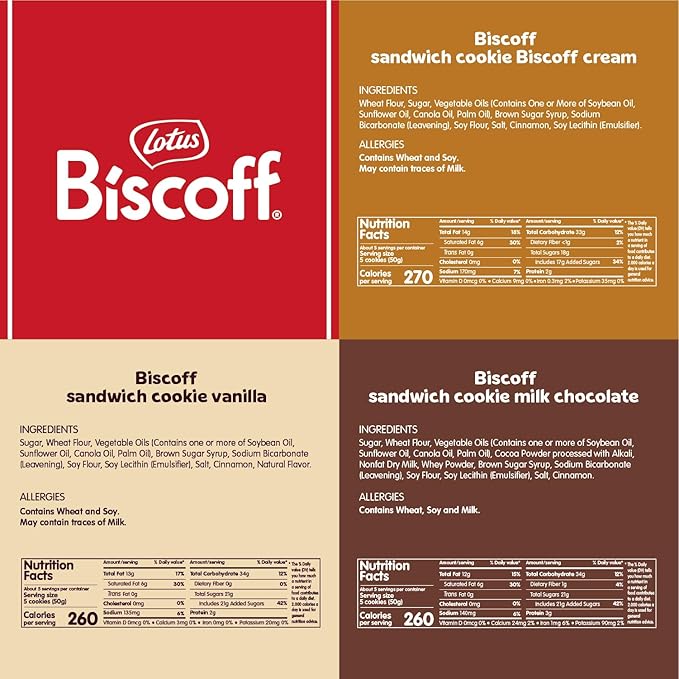 Lotus Biscoff Sandwich Cookies, Variety Pack, Biscoff Cream/Vanilla Cream/Milk Chocolate Cream, 15