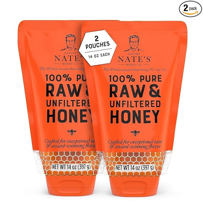 Nature Nate's 100% Guarantee Pure Raw & Unfiltered Honey, No-Drip Sustainable Squeeze Pouch, 14 Oz