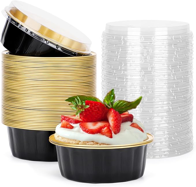 Beasea Disposable Ramekins with Lids, 8 oz 50 Pack Black Gold Aluminum Foil Cups, Disposable Creme