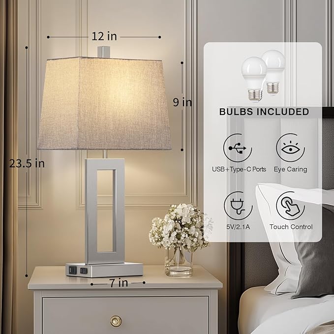 Touch Control Table Lamp Set of 2, Modern Silver Bedside Lamps with USB C+A Ports & AC Outlet, 3