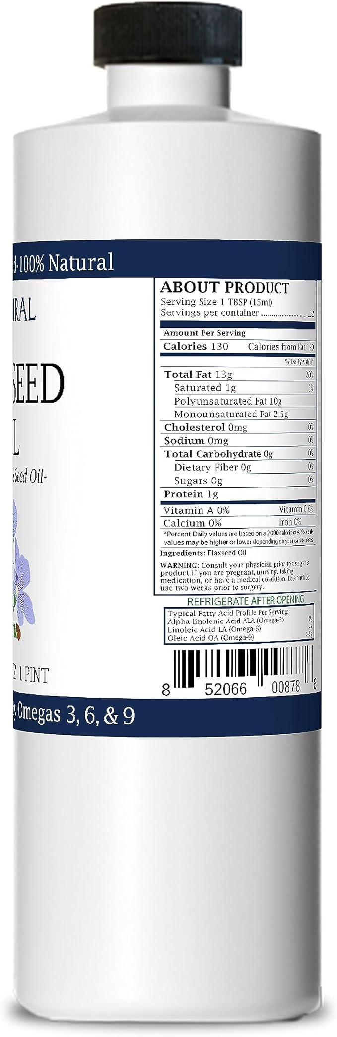 Zatural Flaxseed Oil Naturally Grown 100% Pure Flax Seeds Cold Pressed Vegan Omega Fatty Acids 16oz