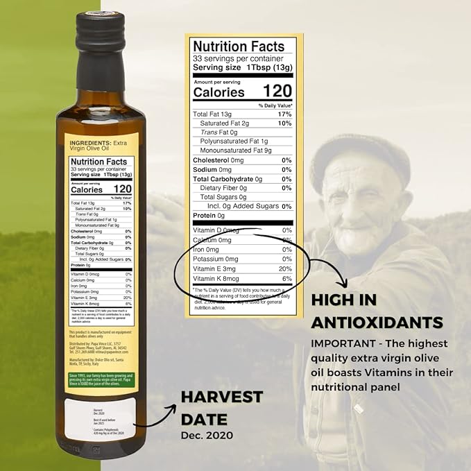 Papa Vince Olive Oil Extra Virgin - First Cold Pressed, Polyphenol Rich Olive Oil (EVOO). Chili