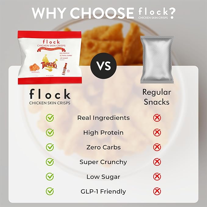 Flock Keto Chicken Skin Chips | Tapatio Flavor | Low Carb, High Protein, Sugar Free, Gluten Free