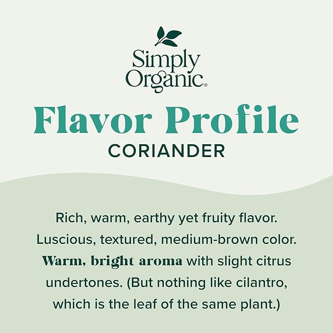 Simply Organic Ground Coriander Seed, 2.29-Ounce, Rich, Warm Earthy Yet Fruity Flavor, Bright
