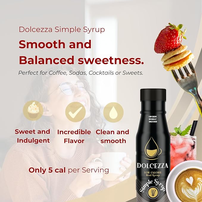 Dolcezza Allulose Simple Syrup, All Natural Low Sugar Sweetener for Coffee, Baking, and Drinks.