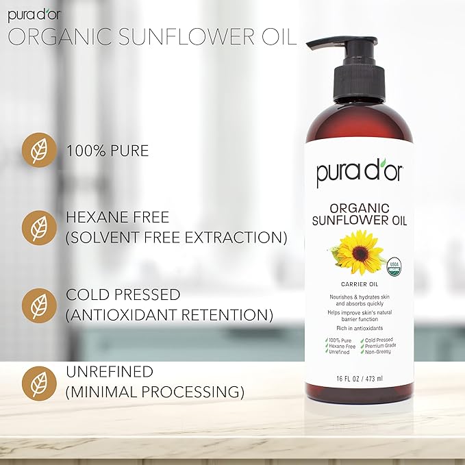 PURA D'OR 16 Oz ORGANIC Sunflower Seed Oil - 100% Pure & Natural USDA Certified Cold Pressed