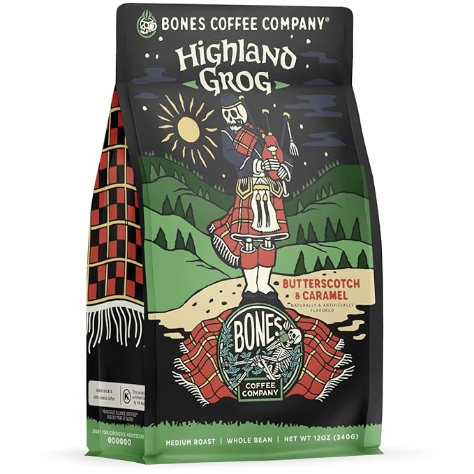 Bones Coffee Company Highland Grog, Butterscotch Caramel Flavored Coffee, Medium Roast Low Acid