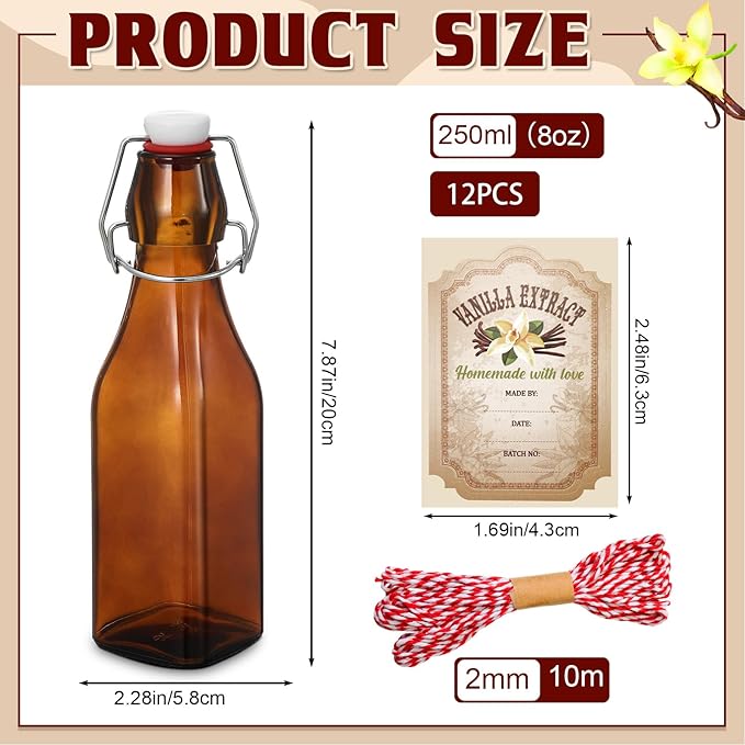 Uiifan 12 Pcs 8 oz Swing Top brown Square Glass Bottles for Vanilla Extract with Caps and Cotton