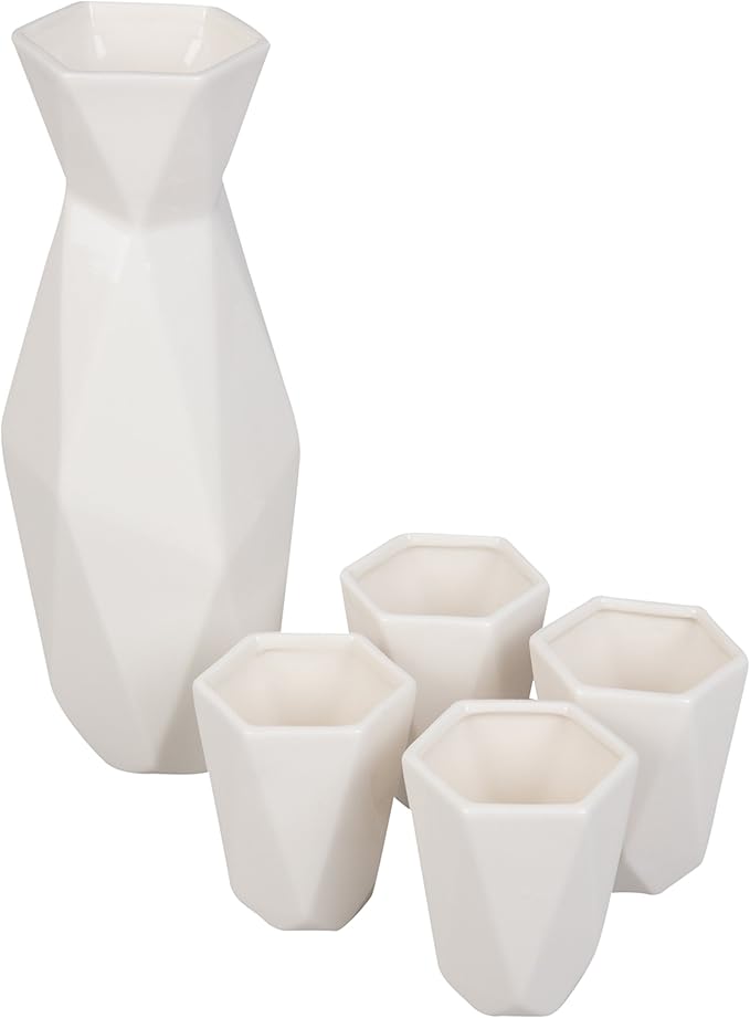 D'Eco 5 Piece Traditional Porcelain Japanese Sake Set, White - 1 Tokkuri Bottle (18 oz) and 4 Ochko