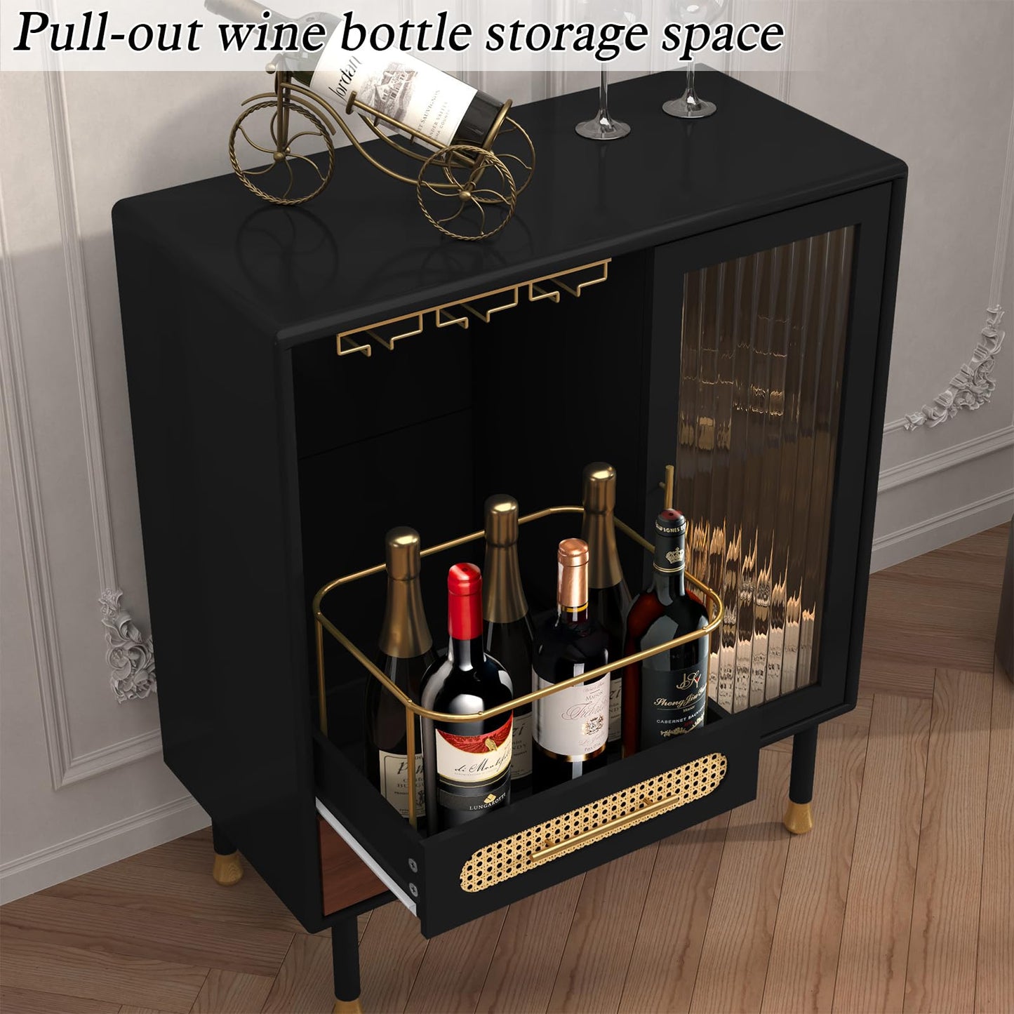 ARTPOWER Modern Coffee Bar Cabinet with Pull-Out Wine Storage, Black