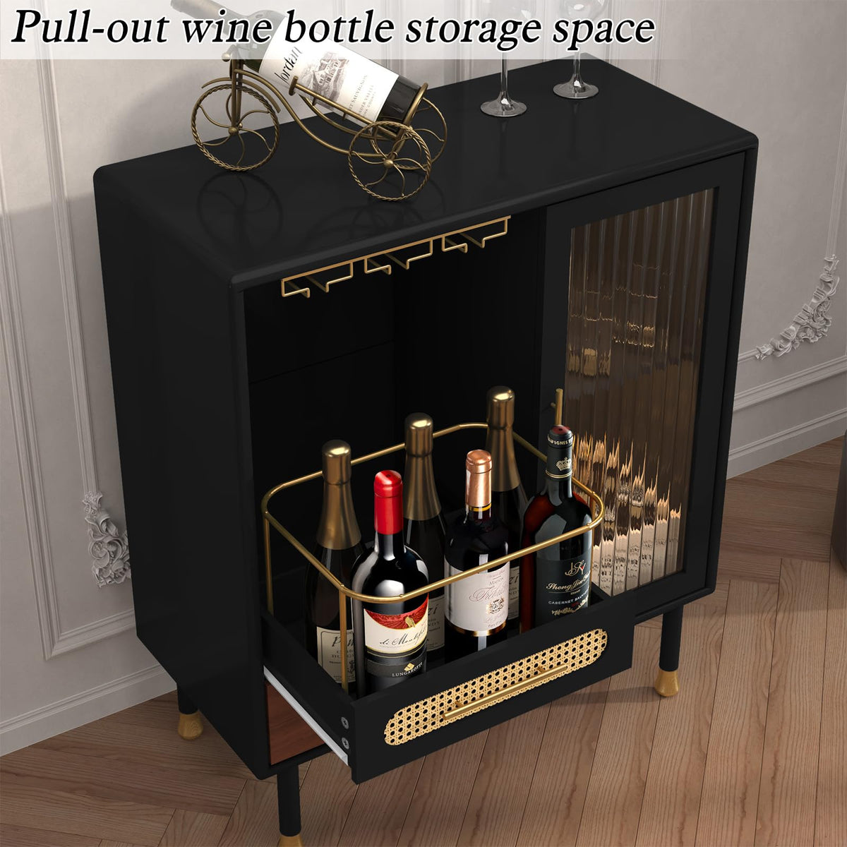ARTPOWER Modern Coffee Bar Cabinet with Pull-Out Wine Storage, Black