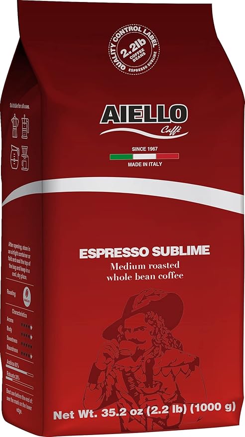 Aiello Caffe Italian Espresso Coffee Beans 2.2 LB Bag, Medium Whole Bean Coffee Freshly Roasted and