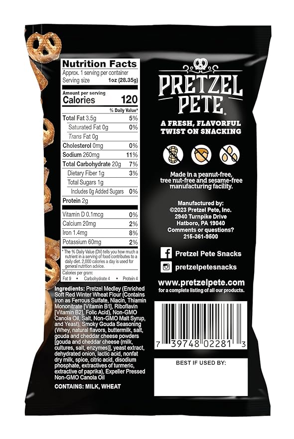 Pretzel Pete Smoky Gouda Seasoned Pretzel Medley, Single Serve Pack, Nut-Free and Sesame-Free