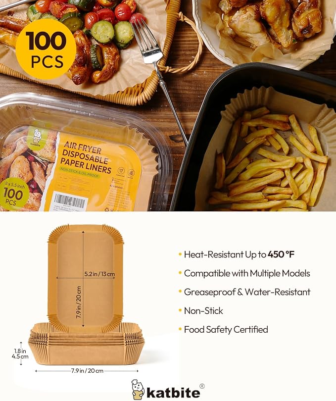Katbite Air Fryer Liners Disposable - 100PCS, 8x5.5'' Rectangle Liners for Air Fryer Basket, Thick
