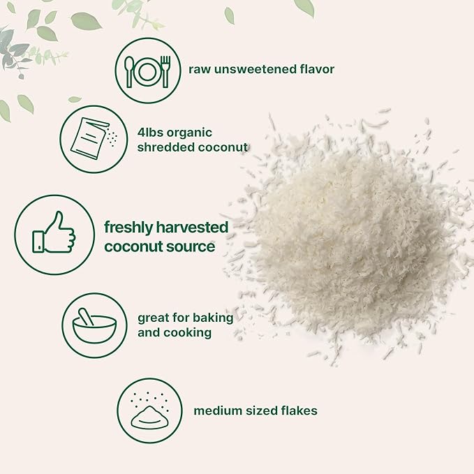 Organic Shredded Coconut Flakes, 4lbs | Raw Unsweetened Flavor, Medium Sized | Great for Baking