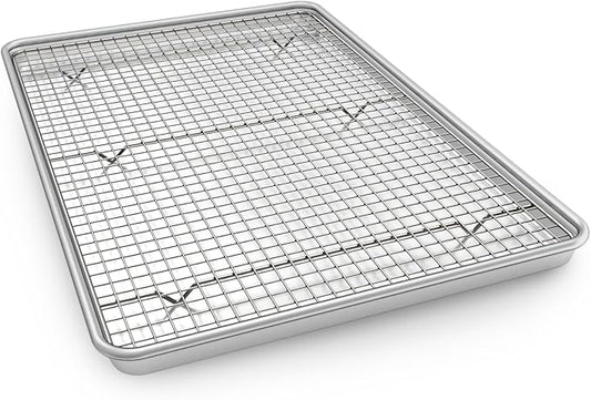 Half Sheet Pans with Rack Set, 18 Inch Commercial Quality Baking Sheet Pan Set, Natural Aluminum