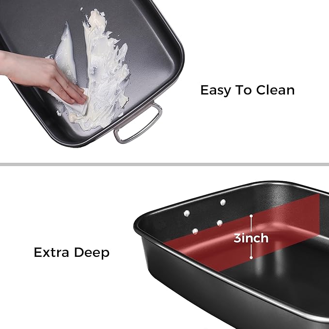 HONGBAKE Nonstick Lasagna Pan 3 Inch Deep, 9x13 Baking Pan, Rectangular Sheet Cake Pan, Roasting
