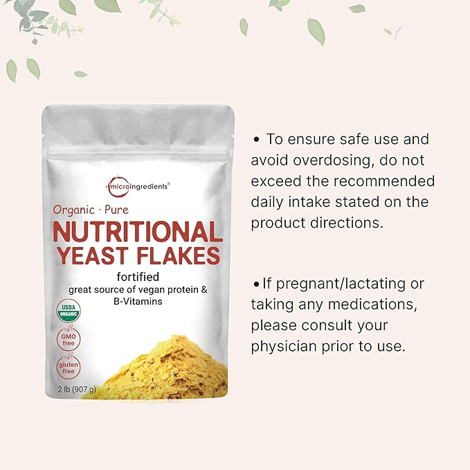 Micro Ingredients Organic Fortified Nutritional Yeast Flakes, 2lb (32oz) | Rich in Vegan Protein, B