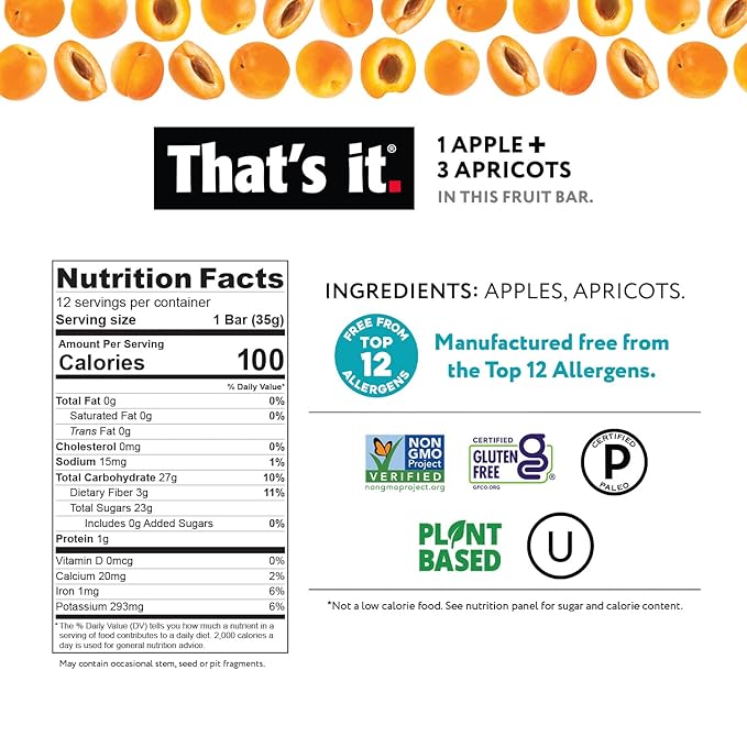 That's it. Apple + Apricot 100% Natural Real Fruit Bar, Best High Fiber Vegan, Gluten Free Healthy