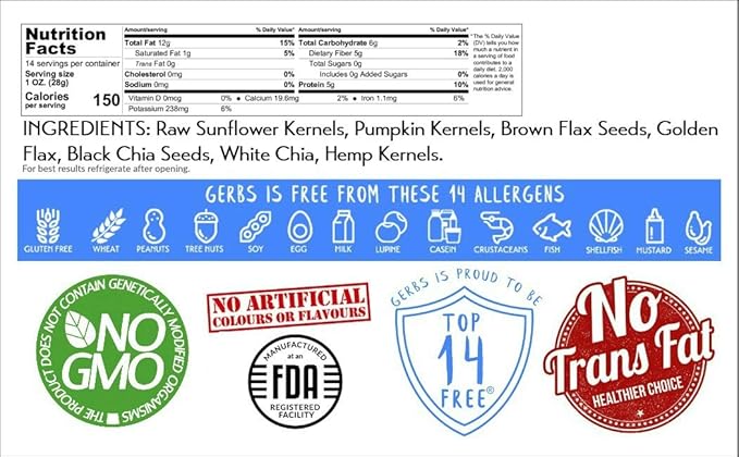 Gerbs Super 7 Seed Snack Mix 14 oz. | Raw, No Additives, Resealable Bag | Crunchy Pumpkin